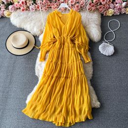 Casual Dresses Flounces Mesh Chiffion Dress Summer Beachwear Midi Sleeve V Neck Lace Up High Waist Vintage Women Clothing Holiday Style