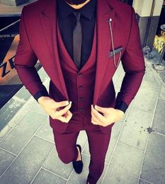 Men's Suits Custom Made Wine Red Slim Fit Wedding Mens Suit Prom 3Pieces(Jacket Pant Vest) Groom Tuxedos Men