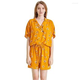 Women's Sleepwear Printing Yellow Women's Piece Pyjamas Polyester Casual Sexy Notched Pyjamas Suit Loose Nightwear M-L Home Clothing