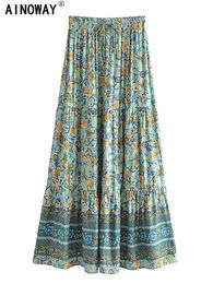 Skirts Vintage Chic Fashion Women Beach Bohemian Floral Print Hippie Skirt High Elastic Waist Gothic ALine Boho Maxi Femme 230607