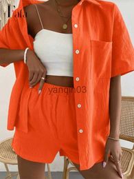 Women's Two Piece Pants Long Sleeve Single-breasted Top + Broad-legged Shorts Set Fashion Ladies Sexy Solid Suits 2022 Summer 2 Piece Outfits For Women J230607