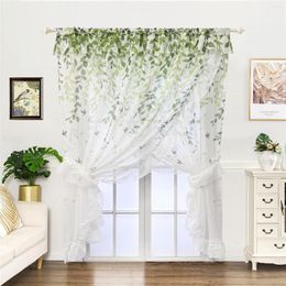 Curtain Floral Bird Sheer Curtains For Bedroom Kitchen Double Layer Doorway Faux Linen Vintage Ruffled Transparent Voile Drape 2PCS /Set