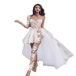 Sexy Jumpsuit Wedding Dress With Detachable Train Long Sleeves Appliqued Ruffle Illusion Lace Bridal Gown Custom Made Robes De Married