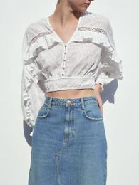 Women's Blouses Spring 2023 Lace Laminated Decorative Tops Women V Neck Long Sleeve Short Female White All-Match Shirt