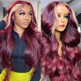 Peruvian Hair Wine Red Blonde Highlight Coloured Body Wave Front Wigs HD 13x4 Lace Frontal Wig PrePlucked Synthetic Closure Preplucked