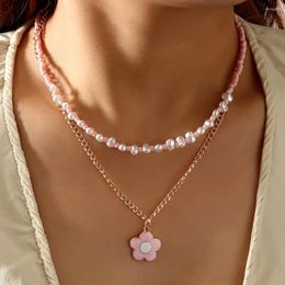 Pendant Necklaces Bohemian Pink Flowers Necklace Pearl Soft Clay Beads Chain Clavicle Women Double Layer Choker For Girls Jewelry