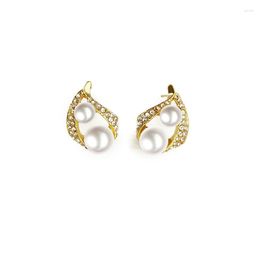 Necklace Earrings Set Double White Simulated Pearl Beads Shiny Crystal Leaf Pendant Golden Stud For Women