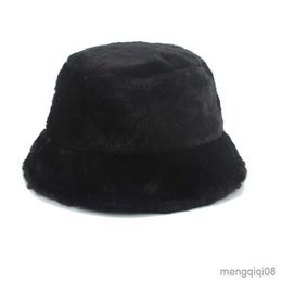 Wide Brim Hats Faux Fur Bucket Hat For Women Men Outdoor Vacation Lady Black Sun Thickened Soft Fishing Cap R230607