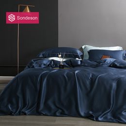 Bedding sets Sondeson Beauty 100% Silk Dark Blue Bedding Set 25 Momme Silk Healthy Skin Luxury Duvet Cover Bed Linen Double Queen King Set 230606