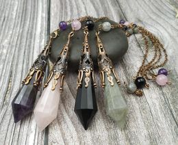 Pendant Necklaces YA3976 Antique Bronze Cap Amethysts Labradorite Stone Point Healing Pendulum Chain