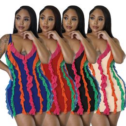 Ruffle Casual Dresses Summer Mini Tank Dress Womens Rainbow Piping Fringe V Neck Backless Bodycon Vestidos Black Red Blue Beige Female Clothes