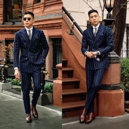 Men's Suits 2-piece Navy Stripe Cotton Blend Double Breasted Formal Men Tuxedos Party Business Custom Made Peaked Lapel Blazer