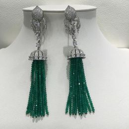 Dangle Earrings Long Tassels Drop Earring 925 Sterling Silver With Cubic Zircon Natural Semi-precious Stone Green Color Multi Layers Fashion