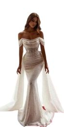 Sparkling Sequins Mermaid Wedding Dresses Off The Shoulder Bridal Gown Beaded Ruffles Sweep Train Summer Beach Plus Size Vestido De Novia