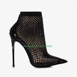 Dress Shoes Lady Fuchsia Fishnet Bling Rhinestone Pumps Sexy Pointed Toe Design Mesh Ankle Party Nude Black High Heels Footwear Size