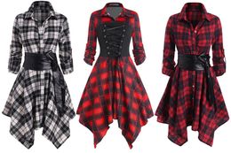 T-Shirt Women Plaid Tshirt Front Pockets Buttons Up Dress Shirts Long Sleeve Zipper Tops 5xl With Belt