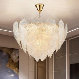 Pendant Lamps Chandeliers Post Modern Luxury E14 Led Lights Glass Leaf Shiny Gold Metal PendantFoyer Chain HangingLed Indoor Lamp