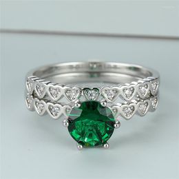Wedding Rings Luxury Female Small Heart Crystal Green Ring Classic Silver Colour Engagement Dainty Zircon For Women