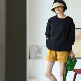 Women's Blouses MICOCO C1505C Artistic Simple Temperament Fold Waist Loose Doll Style Crewneck Short-sleeved Shirt