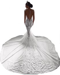 Robe De Mariage Sexy Illusion Back Mermaid Lace Wedding Dresses Appliques Sweetheart Long Train Bridal Wedding Gowns