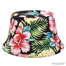 Wide Brim Hats Flower Print Bucket Hat Women Fisherman Summer Beach Sun Reversible Fishing Caps For R230607