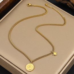 Chains AENSOA 316L Stainless Steel Gold Colour Stars Round Pendant Necklace For Women Trendy Thin Chain Choker 2023 Gift