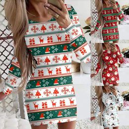 Casual Dresses Women's Christmas Printed Long Sleeves Round Neck Tight Above Knee Mini Dress Women Fitted