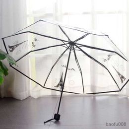 Umbrellas Tower Fold Umbrella Transparent Sun Rain Umbrellas Color Rain Tools Woman White Black Two Color R230607
