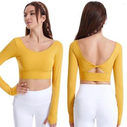 Active Shirts Sexy Backless Inner Paded Yoga Crop Top Women Long Sleeve Gym Workout Thumb Holes Dry Quick Anti-Sweat Running Sports Shirt