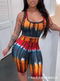 Women's Tracksuits Tie Dye Print Sleeveless Crop Top & High Waist Shorts Set Women Summer O Neck Camis Tanks Tops Elastic Pants