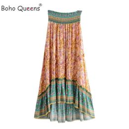 Skirts Boho Queens Fashion Vintage Women Beach Bohemian Floral Peacock Print Skirt High Elastic Waist Maxi ALine Femme 230607