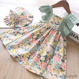 Girl's Dresses Girls Summer Princess Dress Stitching Frill Floral Dress+Hat Lady Holiday Beach Children Clothing Baby Kids Clothes R230607