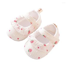 First Walkers Listenwind Baby Girls Mary Jane Flats Non-Slip Strawberry Print Ruffle Princess Dress Shoes Infant Crib