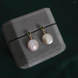 Stud Earrings Baroque Pearl Drop For Women Geometric Genuine Freshwater Green Crystal