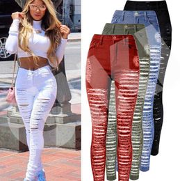 Sexy Women Destroyed Ripped Denim Jeans Skinny Hole Pants High Waist Stretch Slim Pencil Trousers Black White Blue