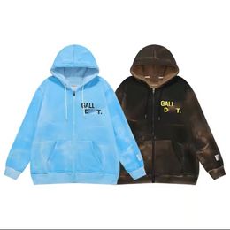 Qiu dong with tie-dye letters printing easy zipper hooded fleece men and women