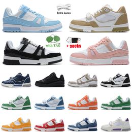 Luxury designer shoes logo embossed virgil x 1 trainer calfskin leather abloh tripler black white pink sky blue denim low vuittns platform women mens sneakers euro 45