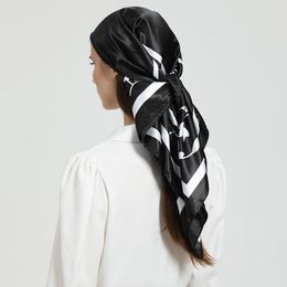 Sarongs 9090CM Square Silk Scarf Headband For Women Fashion Black White Print Hair Band Ties Hand Kerchief Bandana Shawl Hijab 230605