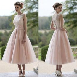 Vintage Short Blush Wedding Dresses 2019 New s Handmade Flower Sash A-Line Tulle Lace Tea Length Bridal Gowns Vestido De N224e