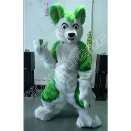 Halloween Green Long Fur Fox Husky Dog Mascot Costume Dress Adult Unisex Large-scale Event Play Costume