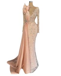 Peach Pink Long Sleeve Prom Formal Dresses Sparkly Lace Beaded Illusion Mermaid Aso Ebi African Evening Gown WJY591