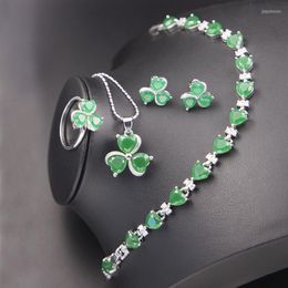 Necklace Earrings Set Pretty Lucky Circle & Heart Apple Green Stone Silver Colour Jewellery For Women Stud Ring Bracelet