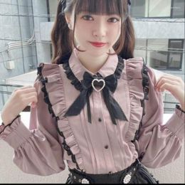 Women's Blouses Japanese Kawaii Lace Ruffle Shirt Women Y2k Pink Bow Blouse Harajuku Cute Ladies Tops 2023 Fashion Lolita Mujer Blusas Femme