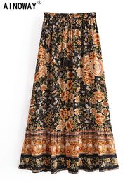 Skirts Summer Fashion Elegant Black Floral Print Beach Bohemian Pleated Skirt Vintage Lady High Waist ALine Rayon Maxi Boho 230607
