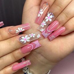 False Nails 24Pcs Long Ballet Flower With Rhinestones French Design Wearable Fake Glitter Pink Press On Tips Art