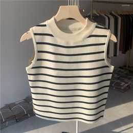 Women's Tanks Striped Vest Knitted Small Sling Women's Inner Wear French Sleeveless Top Half Turtleneck Outer Bottoming Shirt