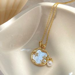 Pendant Necklaces Trendy Exquisite 14K Real Gold Plated Round Pearl Stars Chain Necklace For Women Zirconia Temperament Jewelry Gift