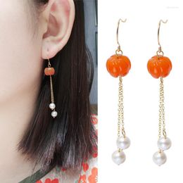 Dangle Earrings Earhook Women's Simple Ins Wind Gold Silk Jade Pumpkin Freshwater Pearl E143