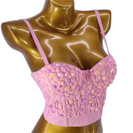 Camis Crop Top With Built In Bra Acrylic Pink Shine Nightclub Sexy Women Top With Cups Push Up Bustier Corset Female Camis Clothes