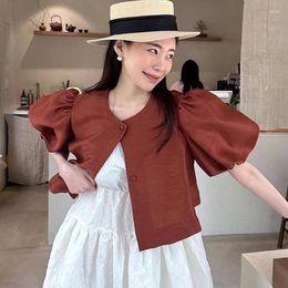 Women's Jackets Clothland Women Elegant Puff Sleeve Jacket Single Breasted Short Shirt Coat Summer Casual Tops Blusa Mujer CA533